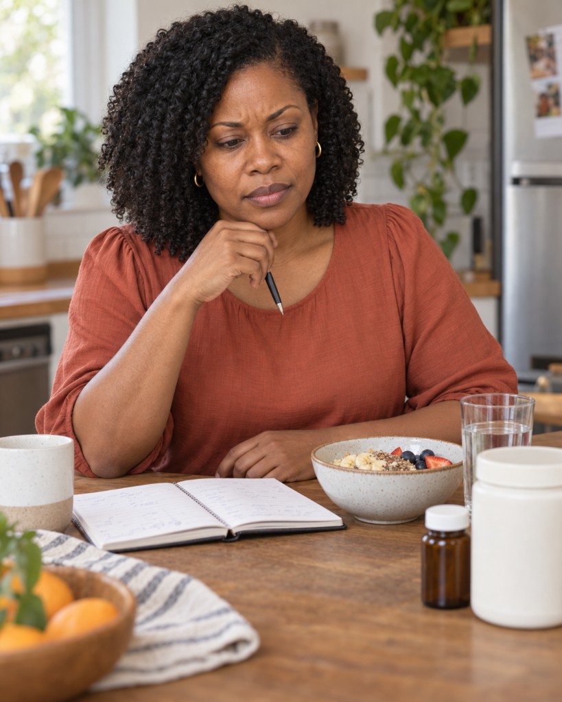 Amara at the kitchen table with her journal, breakfast, and supplement bottles, looking for what might help.