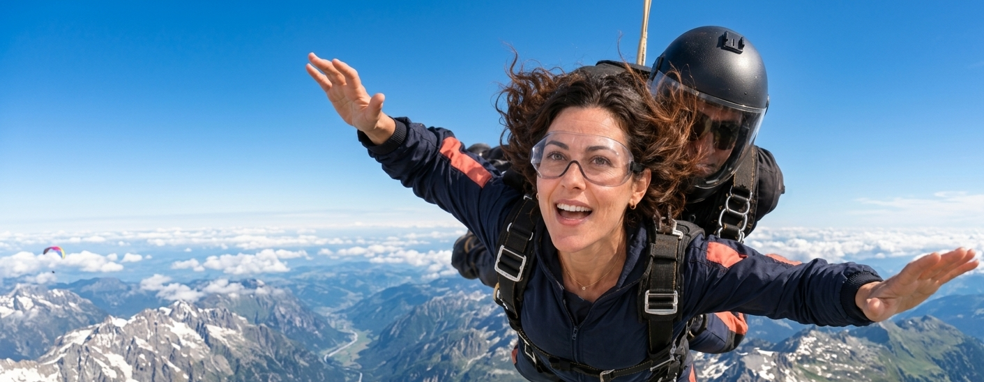 A woman in a tandem skydive, smiling in freefall above the clouds.